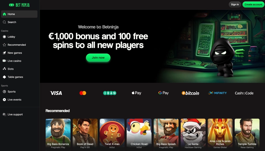 Homepage del casinò BetNinja