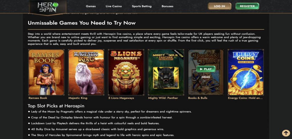 Herospin Casino games