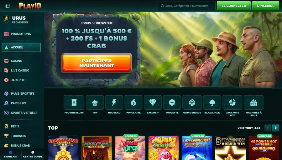 Page d'accueil du casino PlayiO